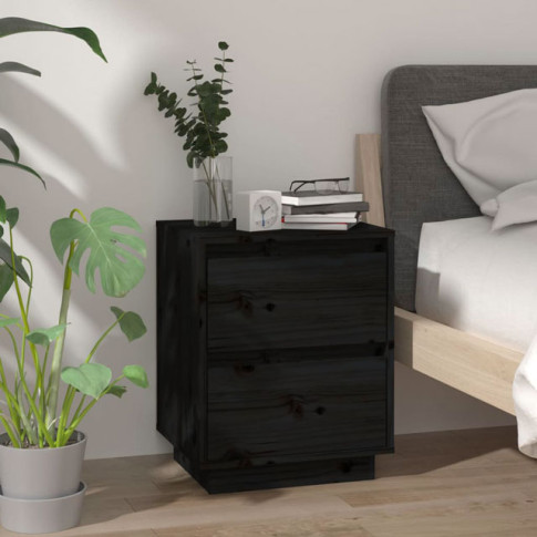 Czarna drewniana szafka nocna z 2 szufladami Vobi w przykładowej sypialni