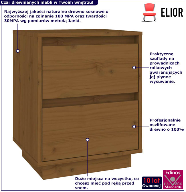 Infografika drewnianej szafki nocnej z 2 szufladami miodowy brąz Tykos