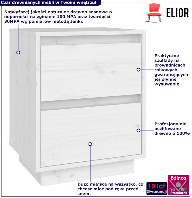 Infografika białej drewnianej szafki nocnej z 2 szufladami Vobi