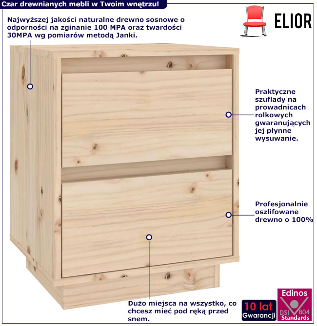 Infografika drewnianej szafki nocnej z 2 szufladami Vobi