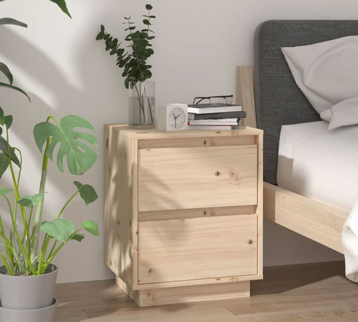 Drewniana szafka nocna Vobi w skandynawskiej sypialni