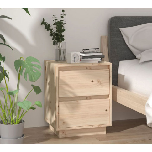 Skandynawska drewniana szafka nocna 2 szuflady w przykładowej sypialni Vobi