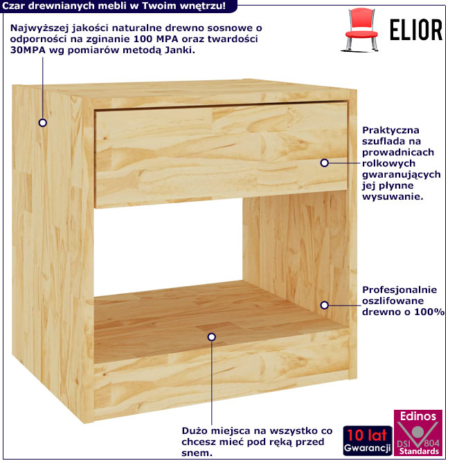Infografika naturalnej drewnianej szafki nocnej z szufladą Uwer