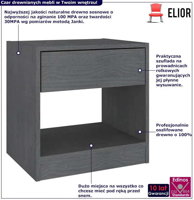 Infografika szarej drewnianej szafki nocnej z szuflada Zewix