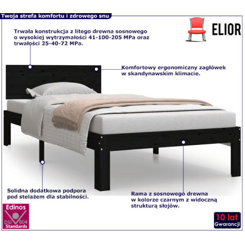 Drewniane łóżko w kolorze czarnym 90x200 Iringa 3X