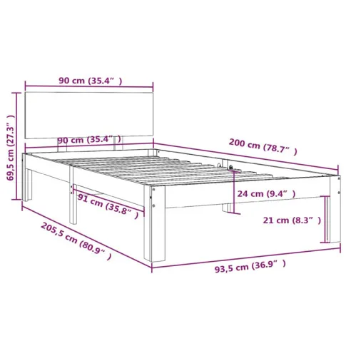 wymiary sosnowego łóżka 90x200 Iringa 3X