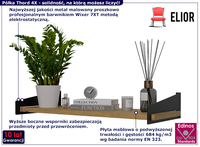 Półka ścienna Thord 4X kolor czarny+dąb artisan