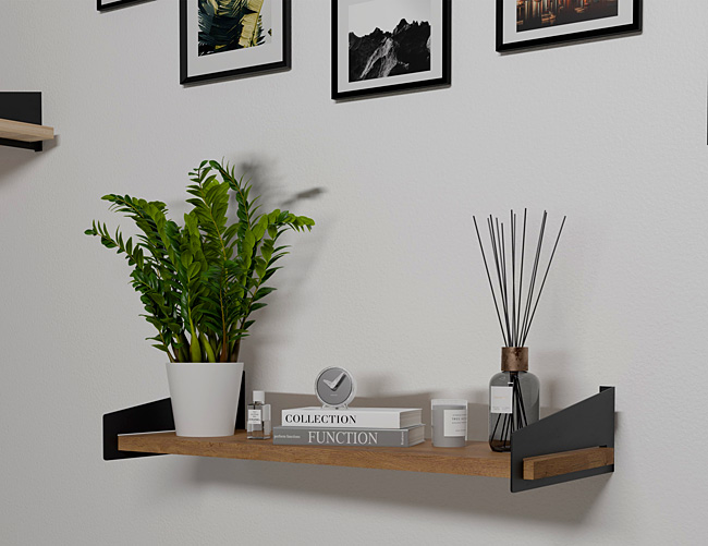 Wizualizacja wiszącej półki Mizu 4X kolor czarny+dąb lancelot