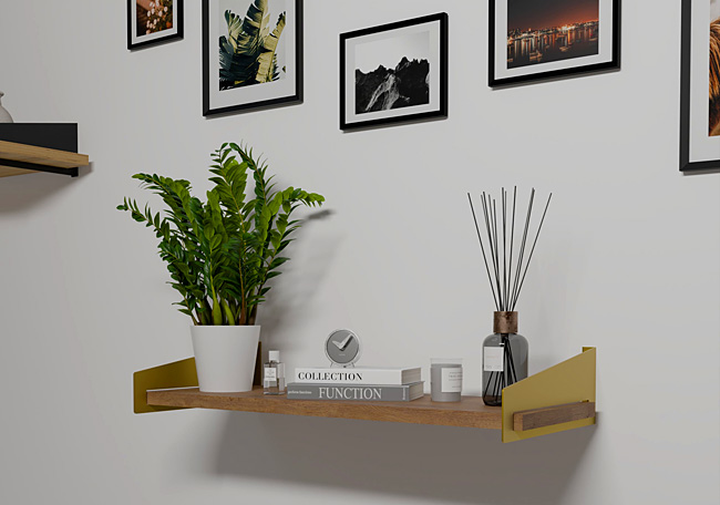 Wizualizacja wiszącej półki Mizu 5X kolor złoty+dąb lancelot