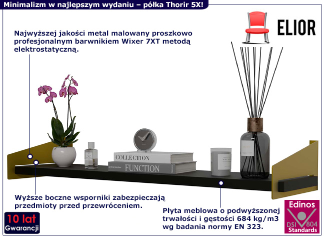 Minimalistyczna półka ścienna Thorir 5X złoty+czarny