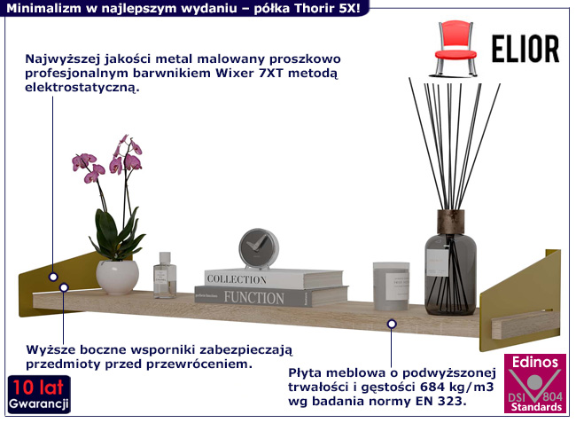 Minimalistyczna półka ścienna Thorir 5X złoty+dąb sonoma