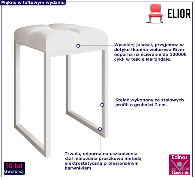Biały loftowy taboret z welurowym siedziskiem Lota