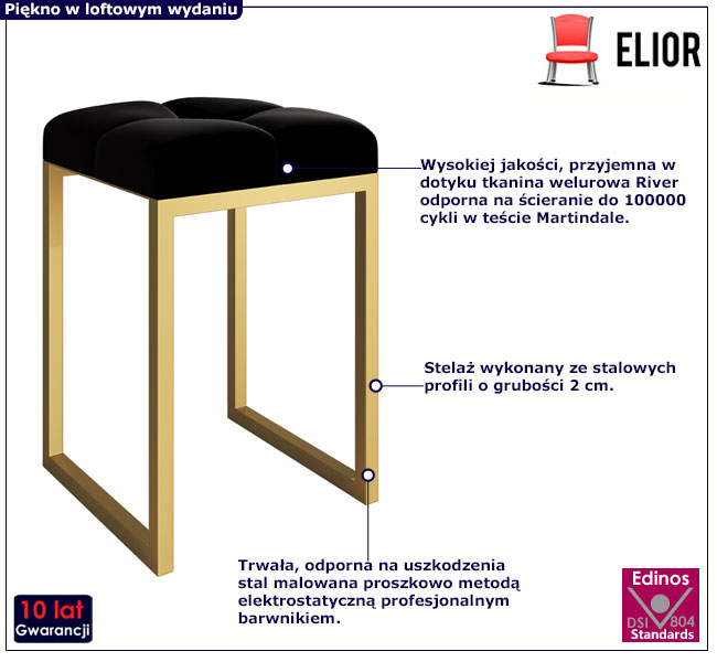 Czarno-złoty loftowy taboret z welurowym siedziskiem Ervo
