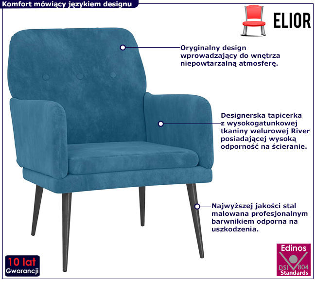 Niebieski fotel do salonu Elian