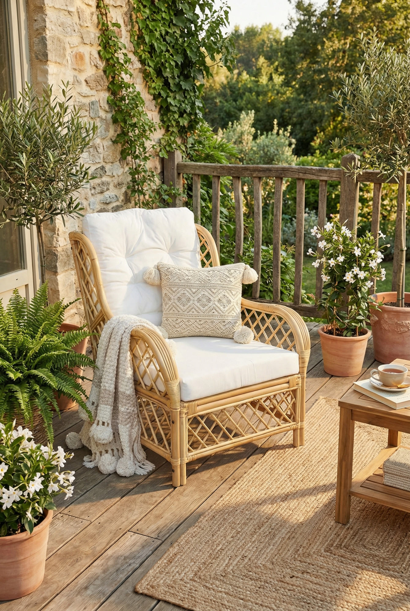 Przykładowa aranżacja z wykorzystaniem rattanowego fotela Bolly na tarasie