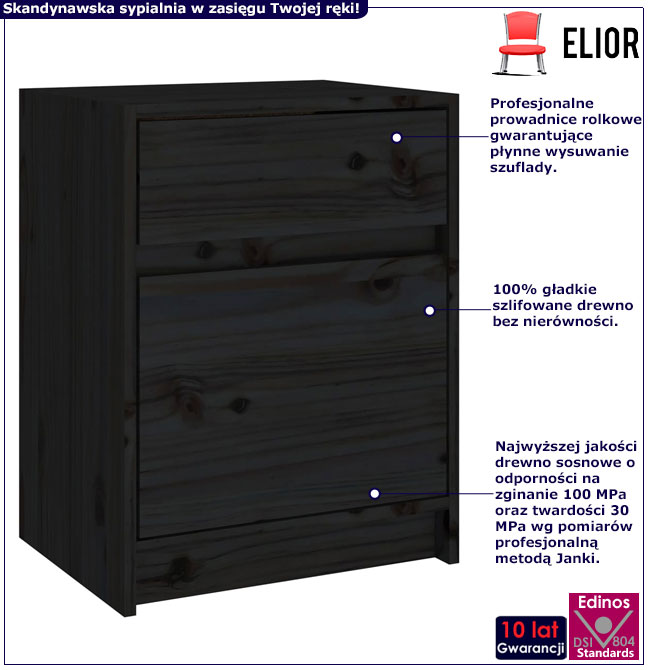 Infografika czarnej drewnianej szafki nocnej z szufladą Cewi