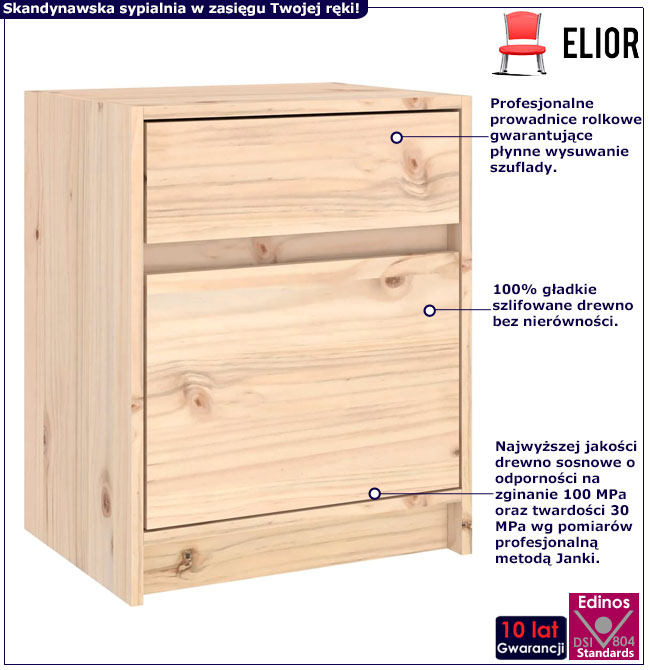 Infografika naturalnej drewnianej szafki nocnej z szufladą Cewi
