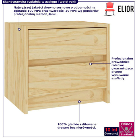 Infografika drewnianej szafki nocnej z 2 szufladami naturalny Enas