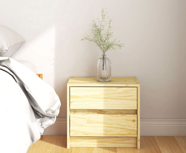 Sypialnia skandynawska z naturalną drewnianą szafką nocną Enas