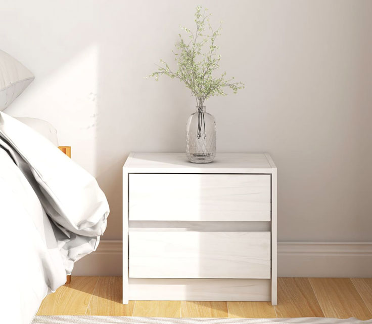 Sypialnia skandynawska z białą drewnianą szafką nocną Enas