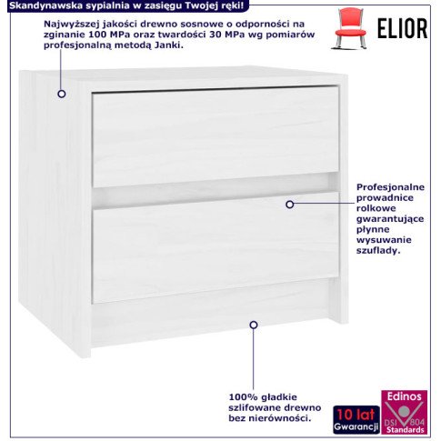 Infografika białej drewnianej szafki nocnej z 2 szufladami Enas