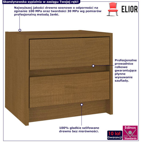 Infografika drewnianej szafki nocnej z 2 szufladami miodowy brąz Enas