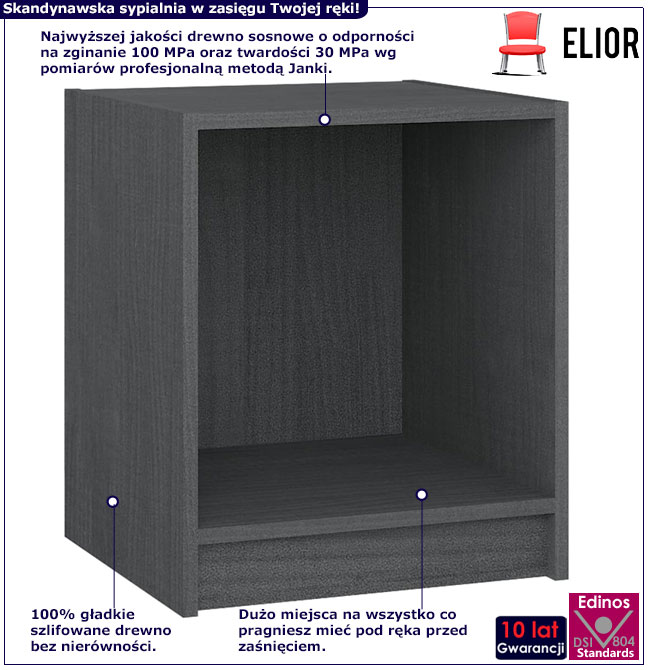 Infografika szarej drewnianej szafki nocnej sosnowej Ixis