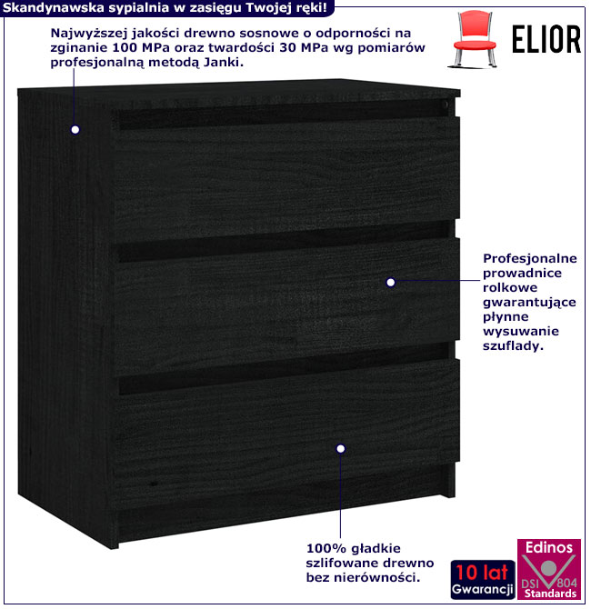 Infografika czarnej komody z 3 szufladami Prelude