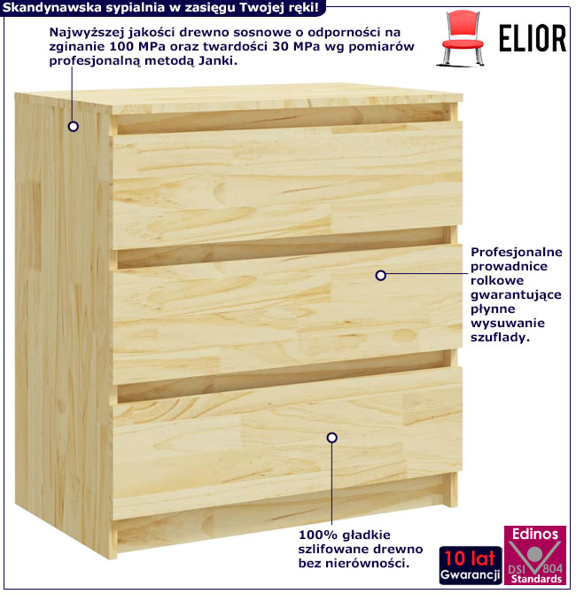 Infografika naturalnej sosnowej komody z 3 szufladami Lixi