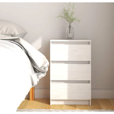 Biała drewniana szafka nocna wysoka z 3 szufladami Orco wizualizacja