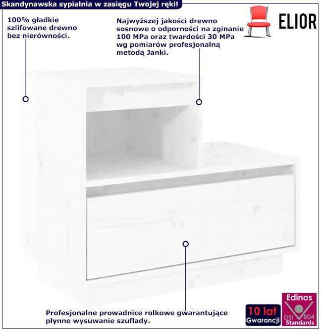 Infografika białej dużej szafki nocnej z szufladą Zopi