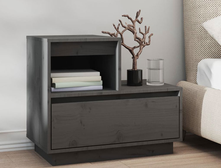 Sypialnia z szarą drewnianą szafka nocną Carmin