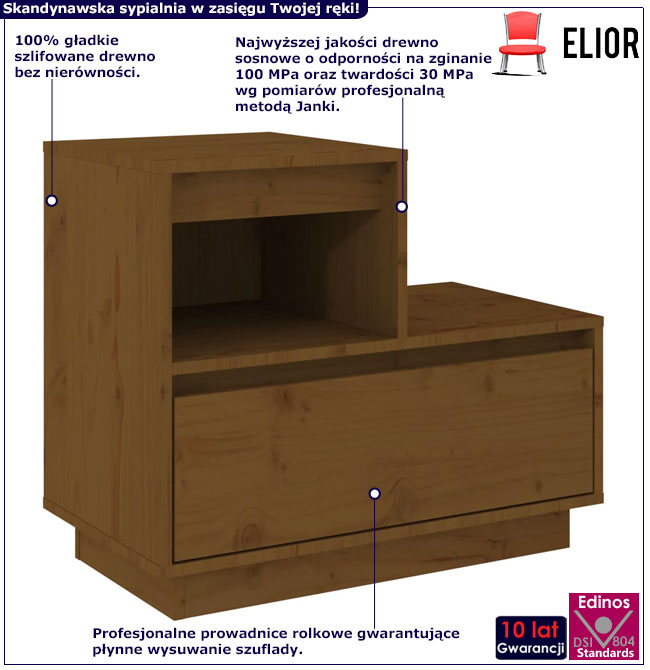 Infografika dużej szafki nocnej z szufladą miodowy brąz Carmin
