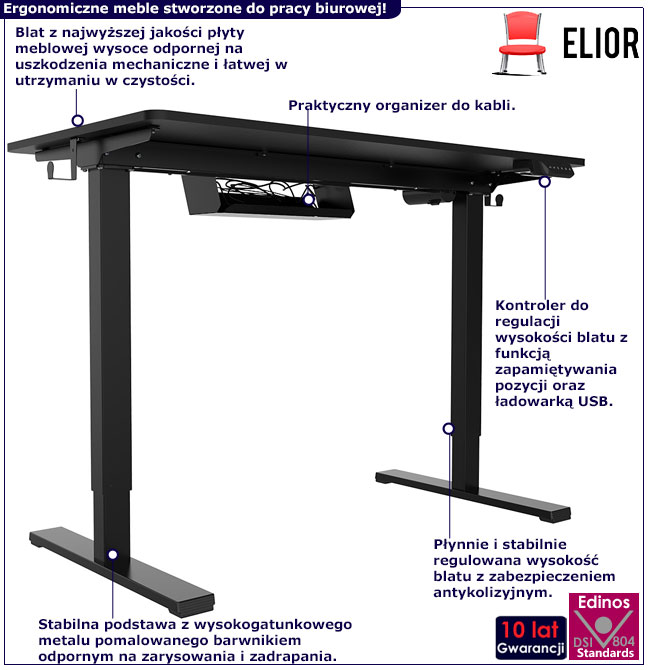 Infografika czarnego biurka elektrycznego do pracy na stojąco Evron 3X