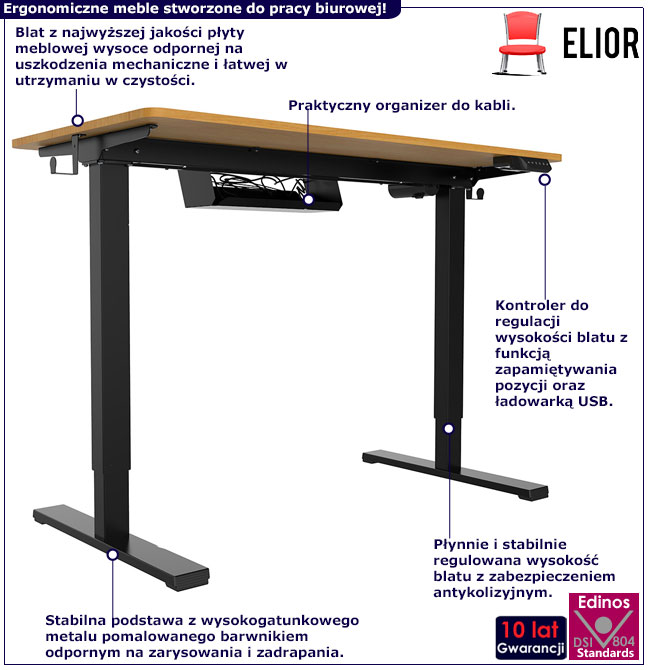 Infografika biurka elektrycznego do pracy na stojąco drewniany + czarny Rucal 3X