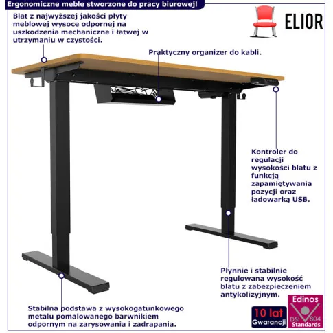 Infografika biurka regulowanego do pracy na stojąco drewniany + czarny Rucal 3X