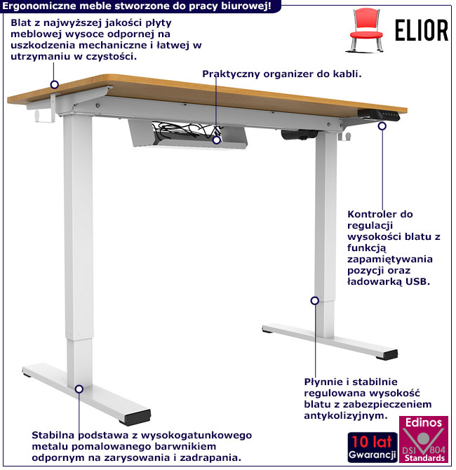 Infografika biurka regulowanego drewniany + biały Evron 4X