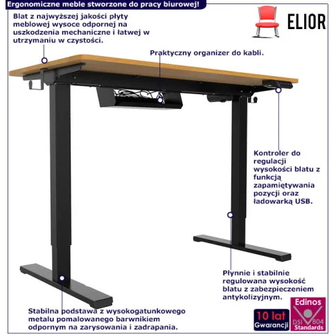 Infografika biurka elektrycznego do pracy na stojąco drewniany czarny Rucal 4X