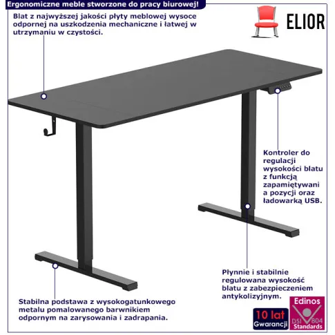 Infografika czarnego biurka elektrycznego do pracy na stojąco Rucal 5X 140x60