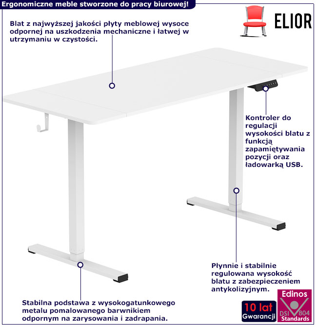 Infografika duże białe biurko elektryczne Evron 5X