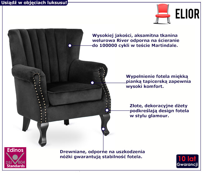 Czarny fotel wypoczynkowy glamour Efox