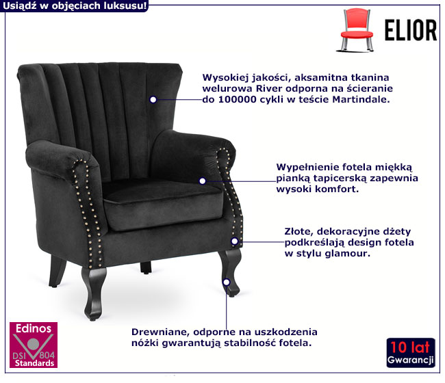 Czarny fotel wypoczynkowy glamour Reven