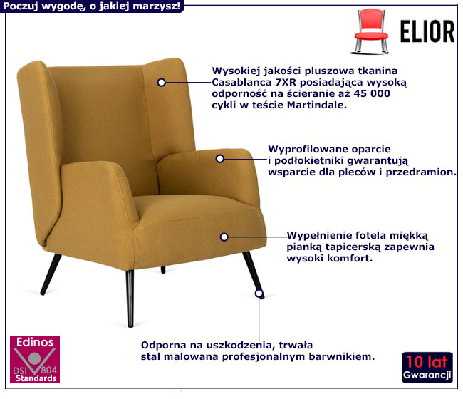 Musztardowy fotel uszak pluszowy Vrasa