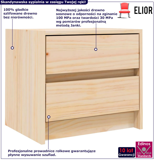 Infografika naturalnej drewnianej szafki nocnej z 2 szufladami Cefo