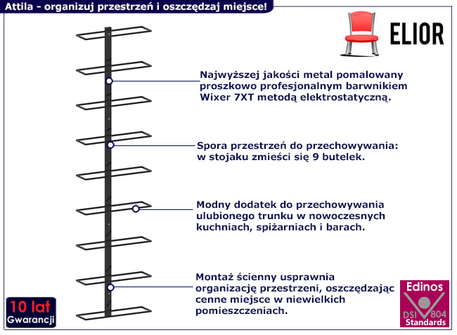 Ścienny uchwyt na wino Attila kolor czarny