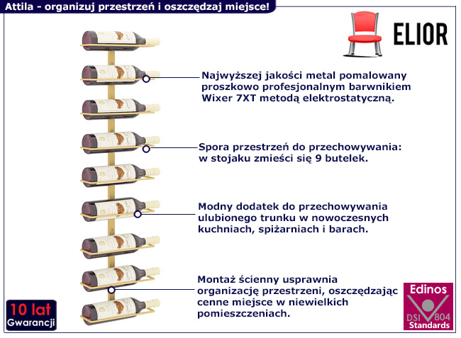 Ścienny uchwyt na wino Attila kolor złoty