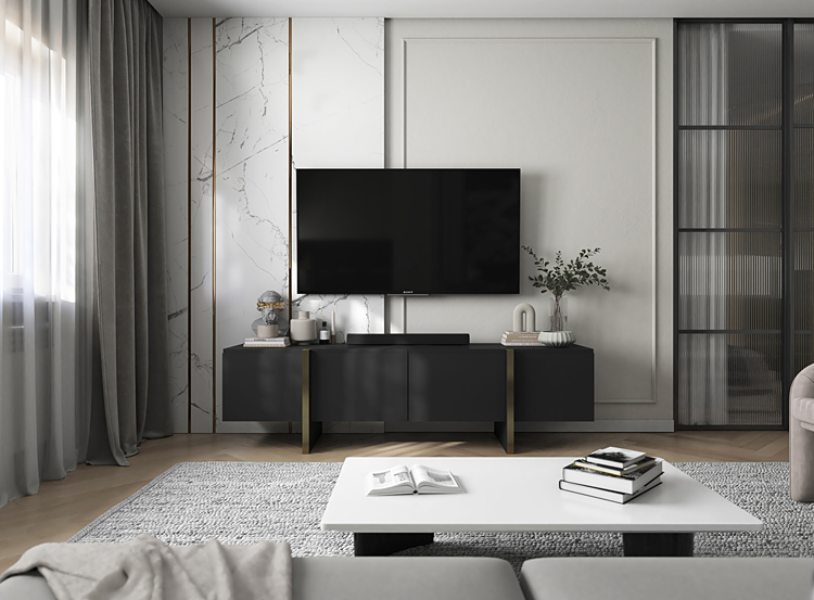 Aranżacja z wykorzystaniem czarnej szafki rtv Monet