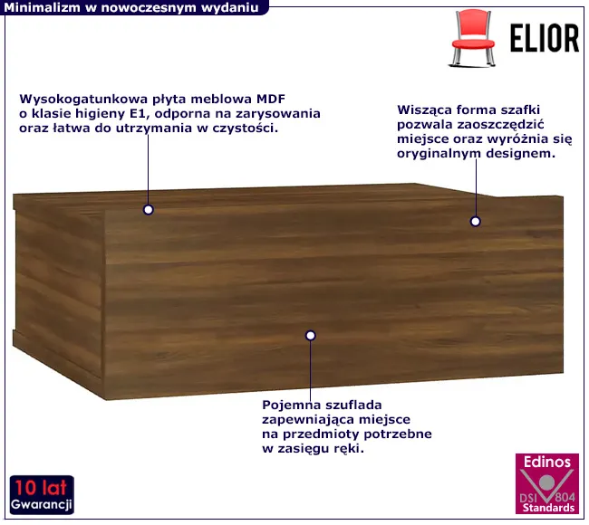 Brązowa szafka nocna na ścianę Hamak,