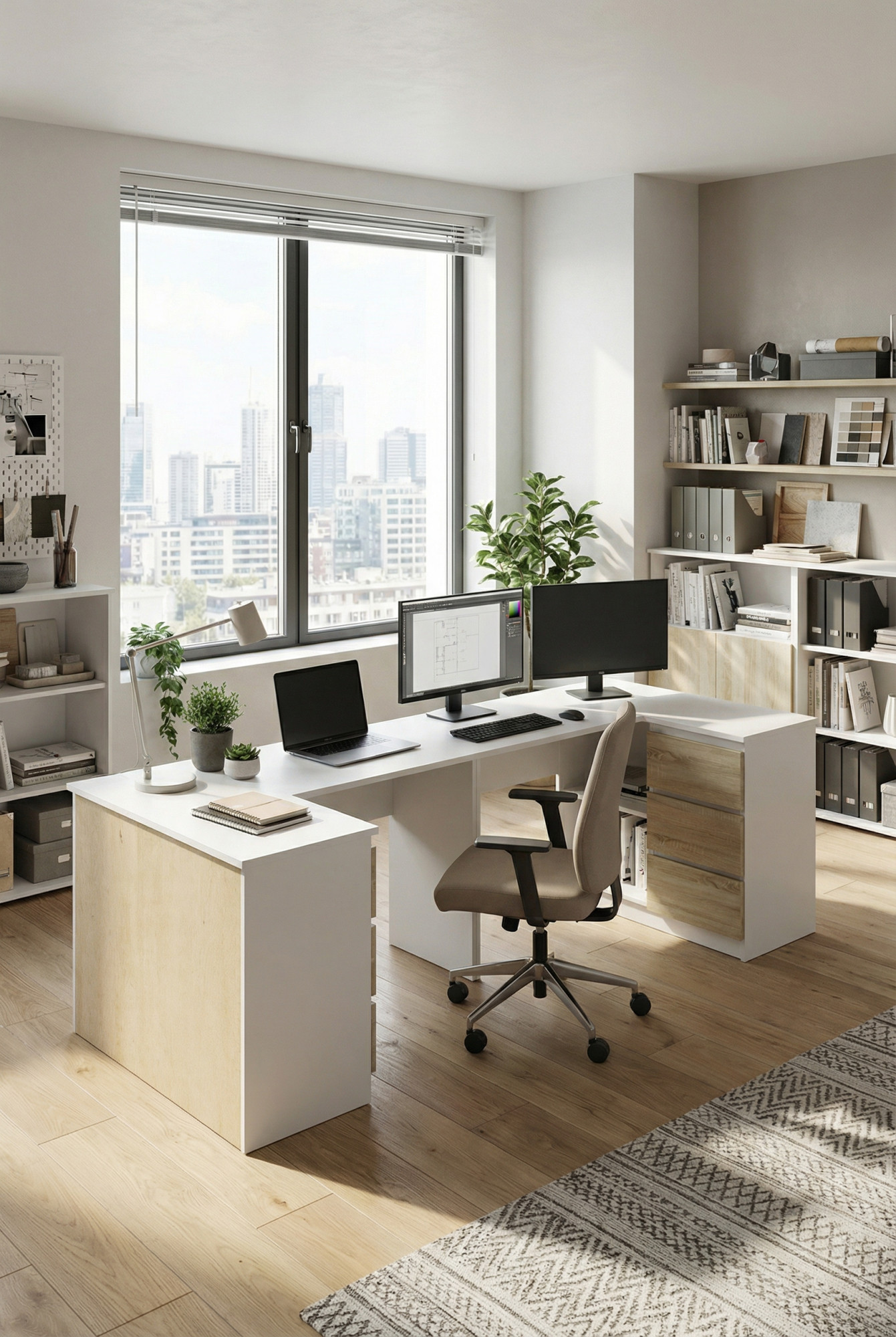 Aranżacja wnętrza z podwójnym biurkiem biały + dąb sonoma Chain