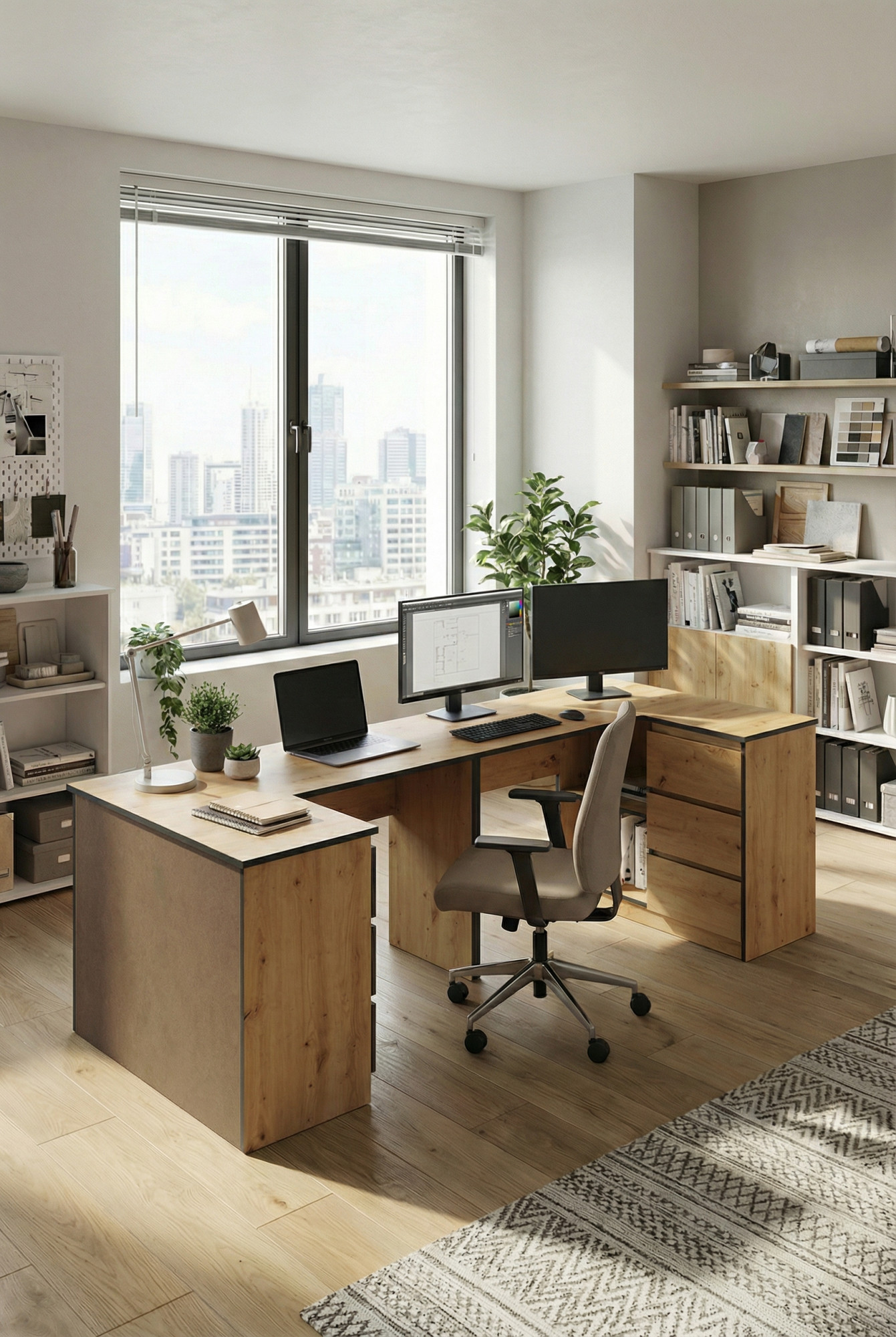 Aranżacja biura z biurkiem dwuosobowym dąb craft Chain